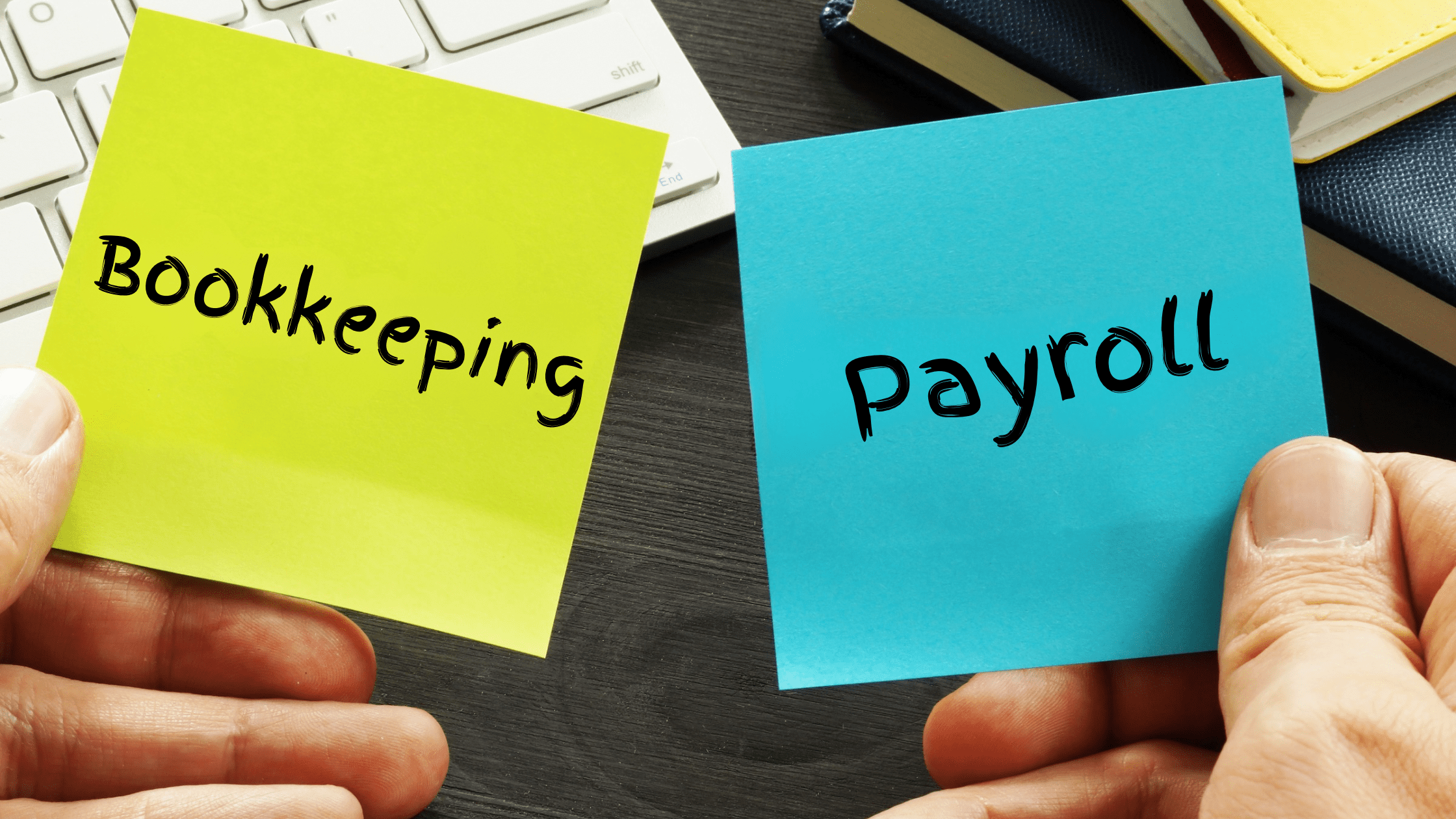 Memo notes and bookkeeping materials representing payroll and accounting support