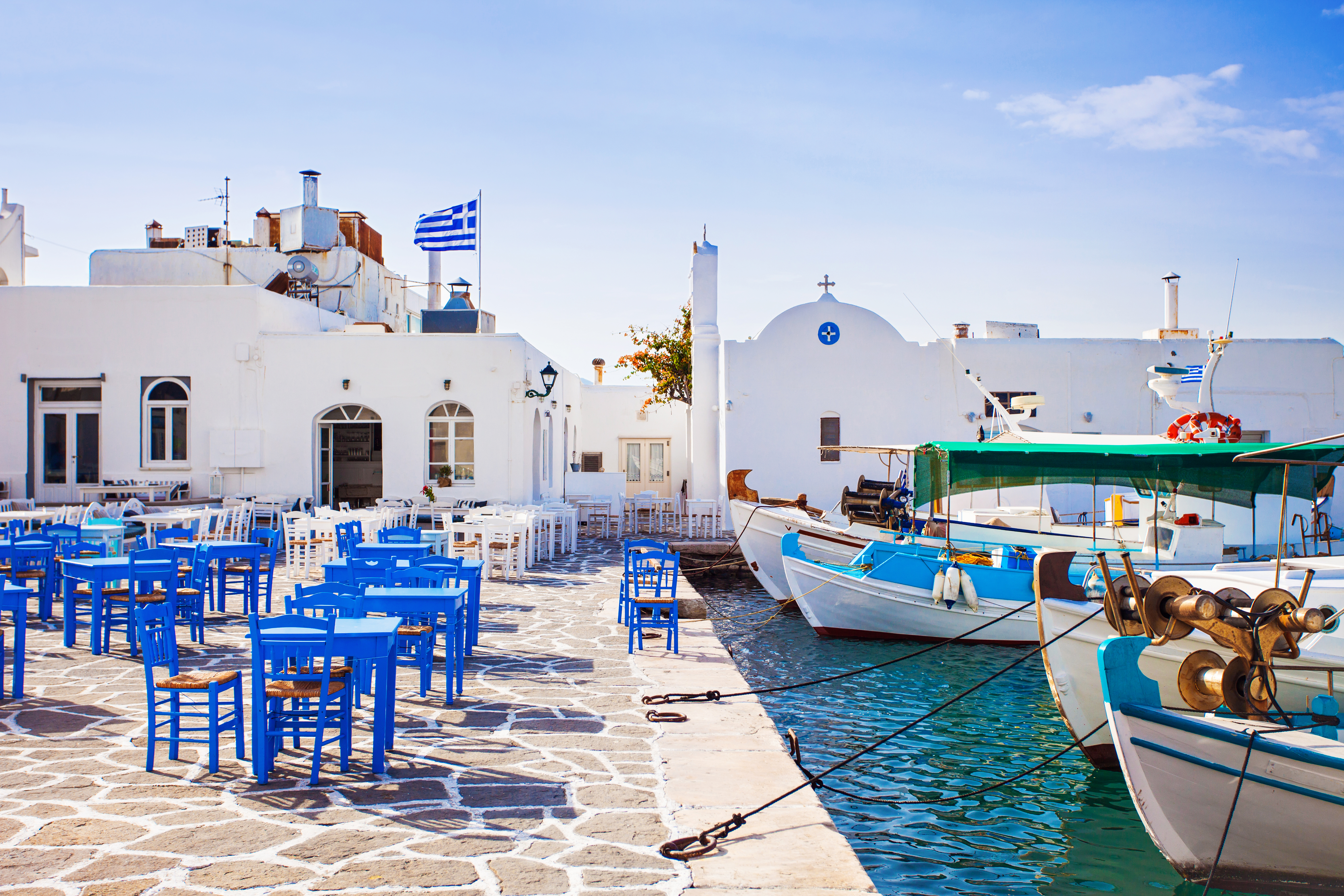 Greek harbor scene representing destination-style production imagery